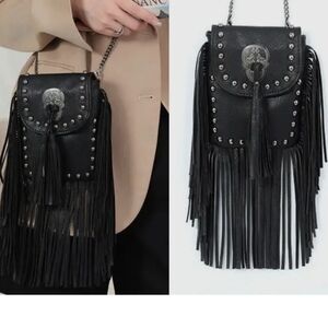 Outlaw Fringed Skull Crossbody Bag - Black Size # S